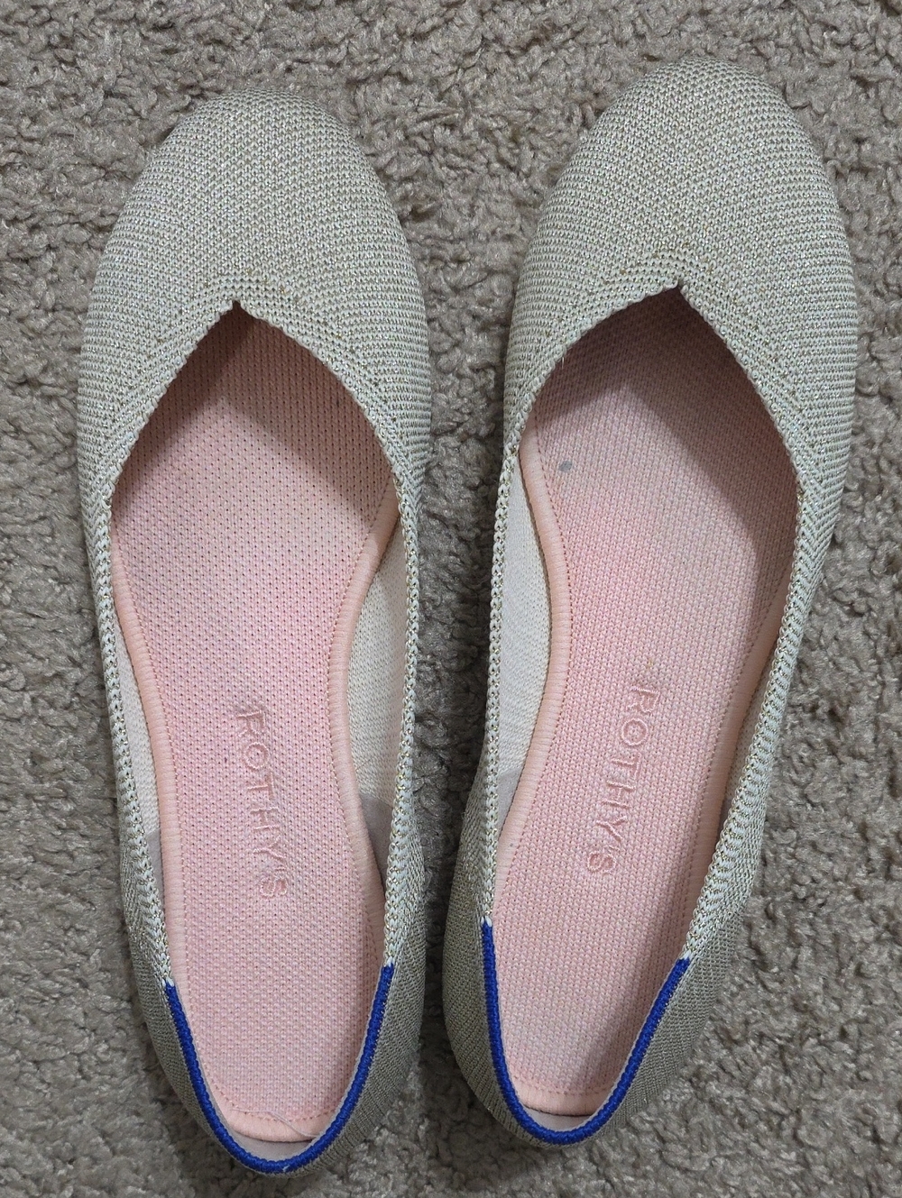 Rothy's Beige Knit Ballet Flats with Pink Insole and Blue Trim